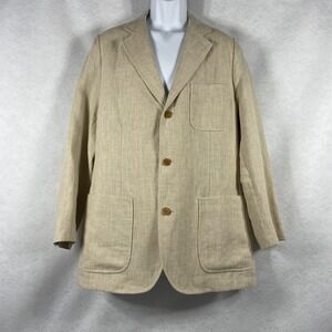 J.L. Powell Jacket Mens 42R Beige Blazer Sport Coat 100% Linen Elbow Patch